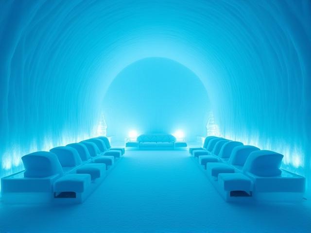 Bild på en is-lounge med detaljerade isskulpturer