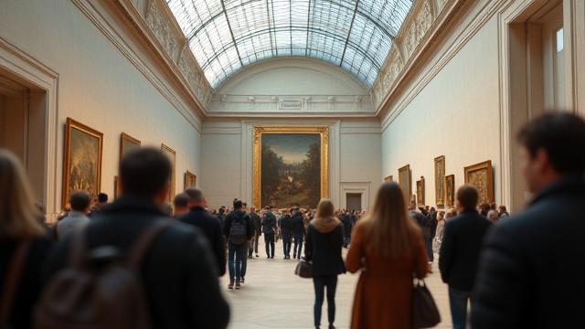 Interiör av Louvren i Paris med besökare som beundrar konstverk